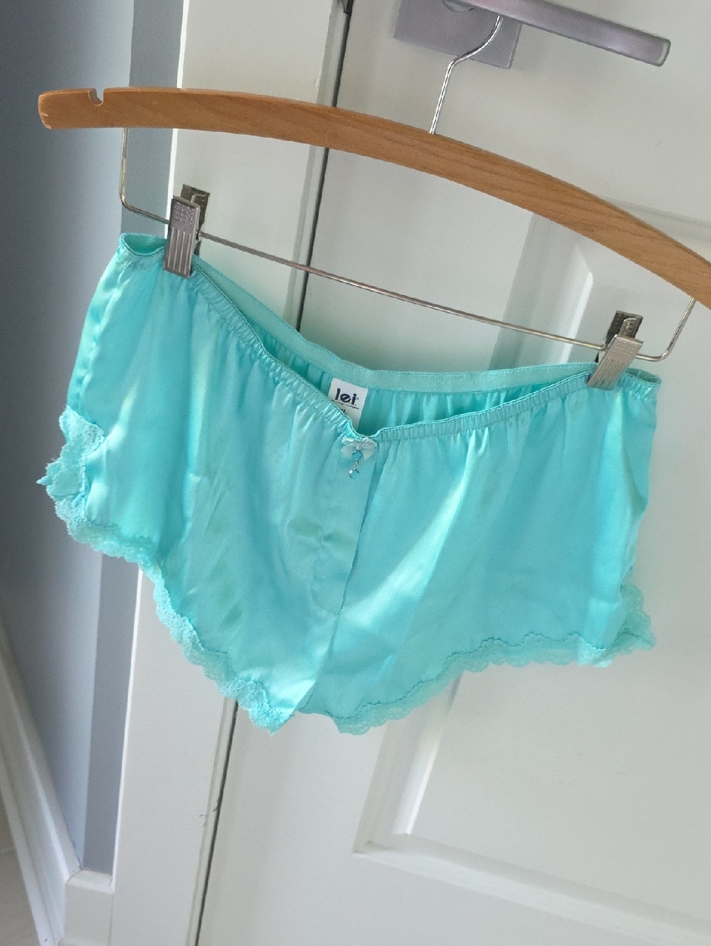 l e.i. Aqua Green Satin Like Sleep Shorts with Lace Trim
